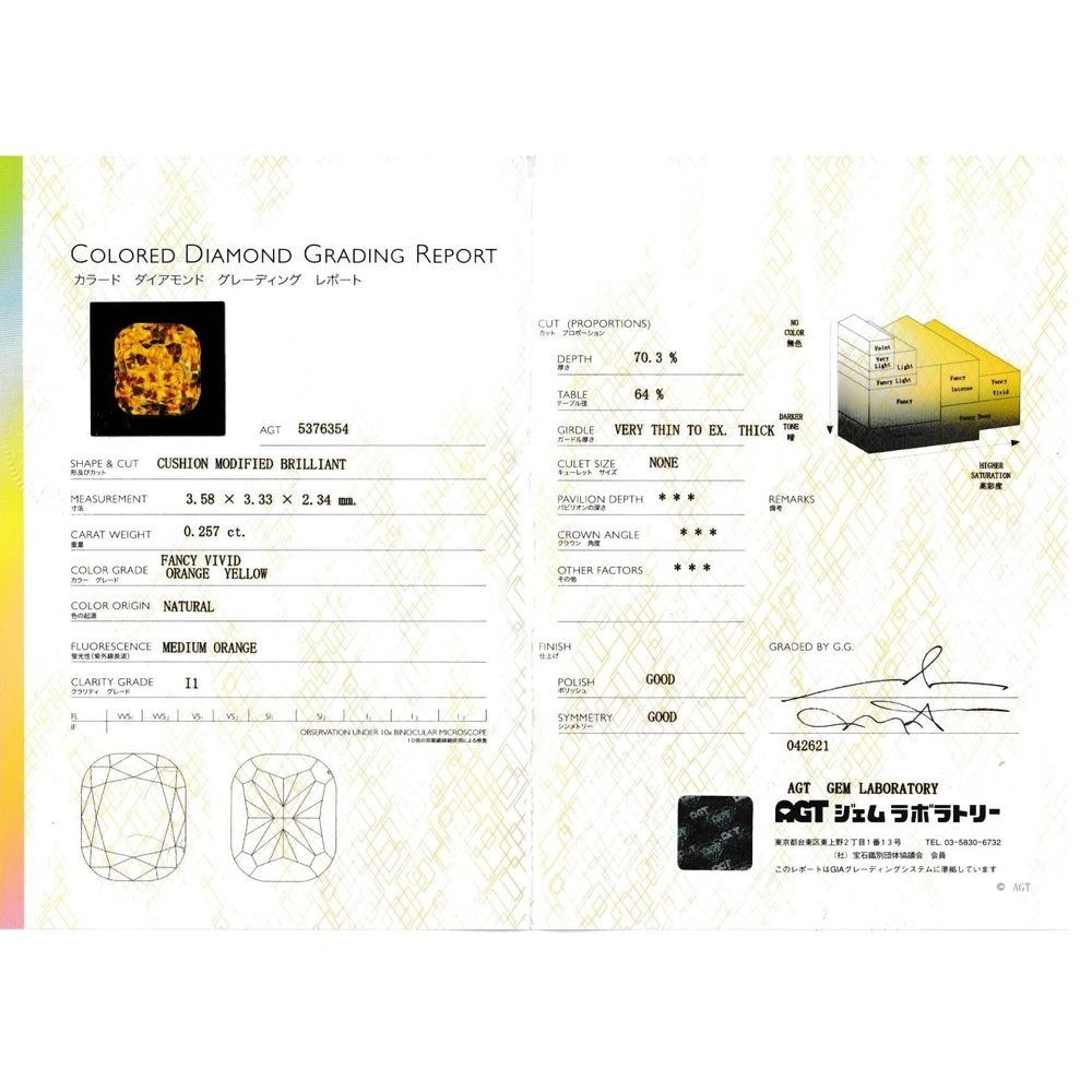 天然ファンシーイエローダイヤモンド 0.257ct  ＜Vivid Orange Yellow＞