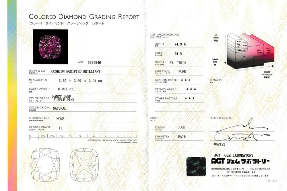 天然ファンシーディープパープルピンクダイヤモンド 0.211ct 