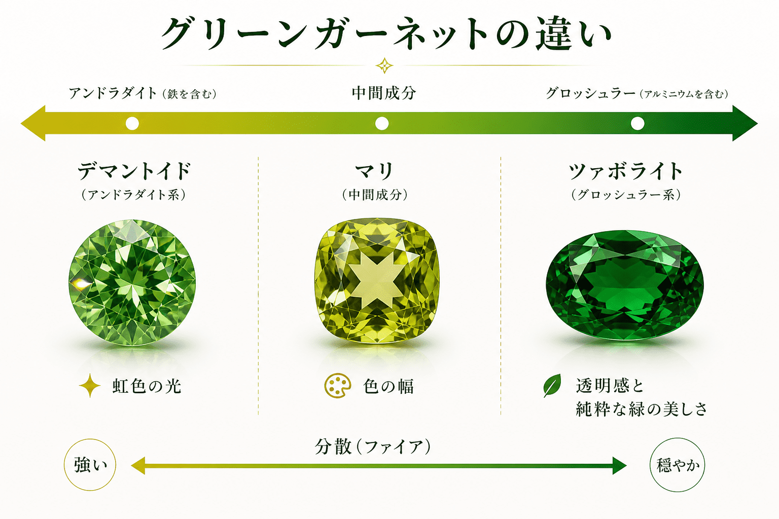 グリーンガーデン｜緑色のガーネットの違い デマントイド